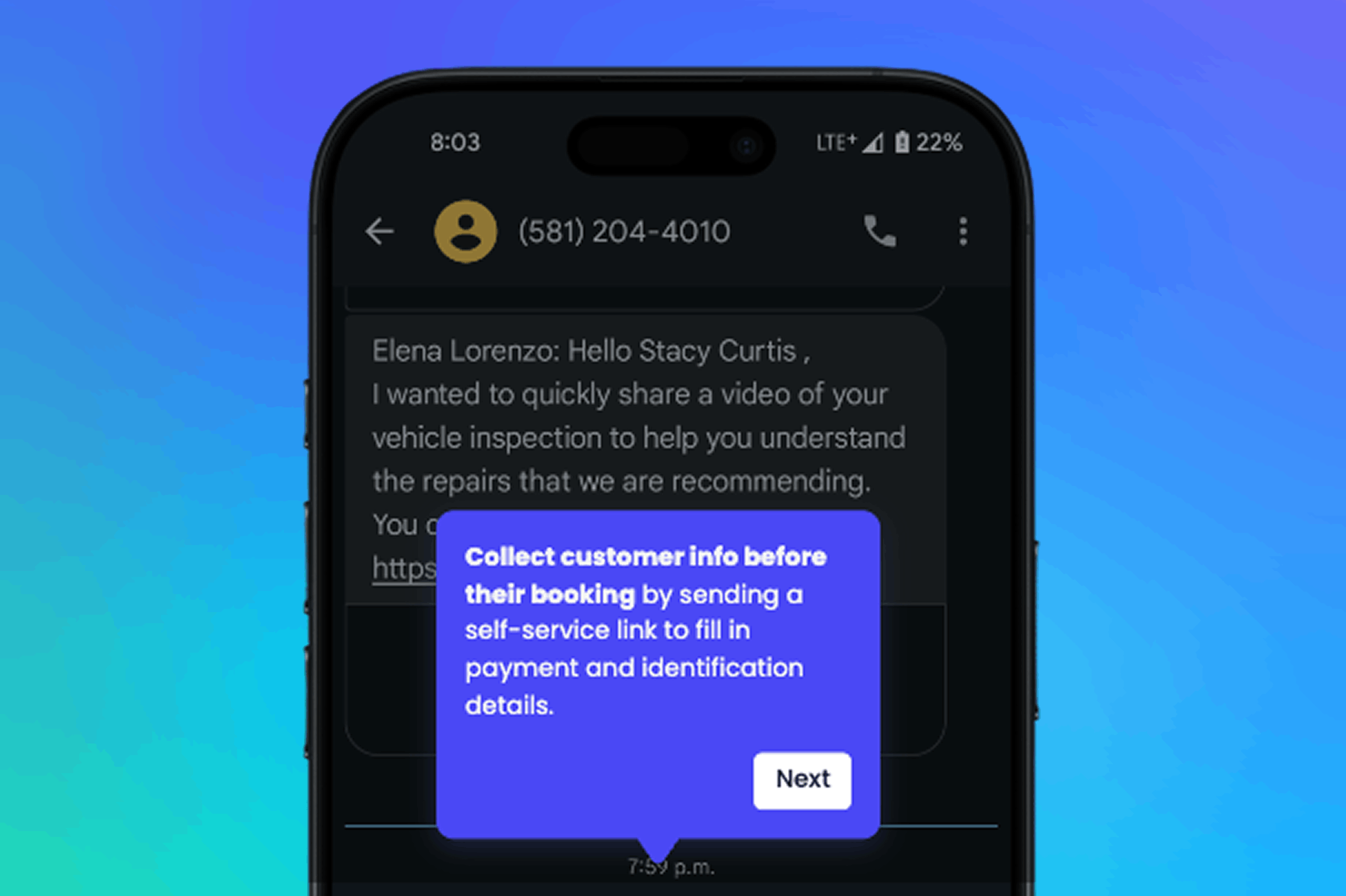 Kimoby Go Customer text message