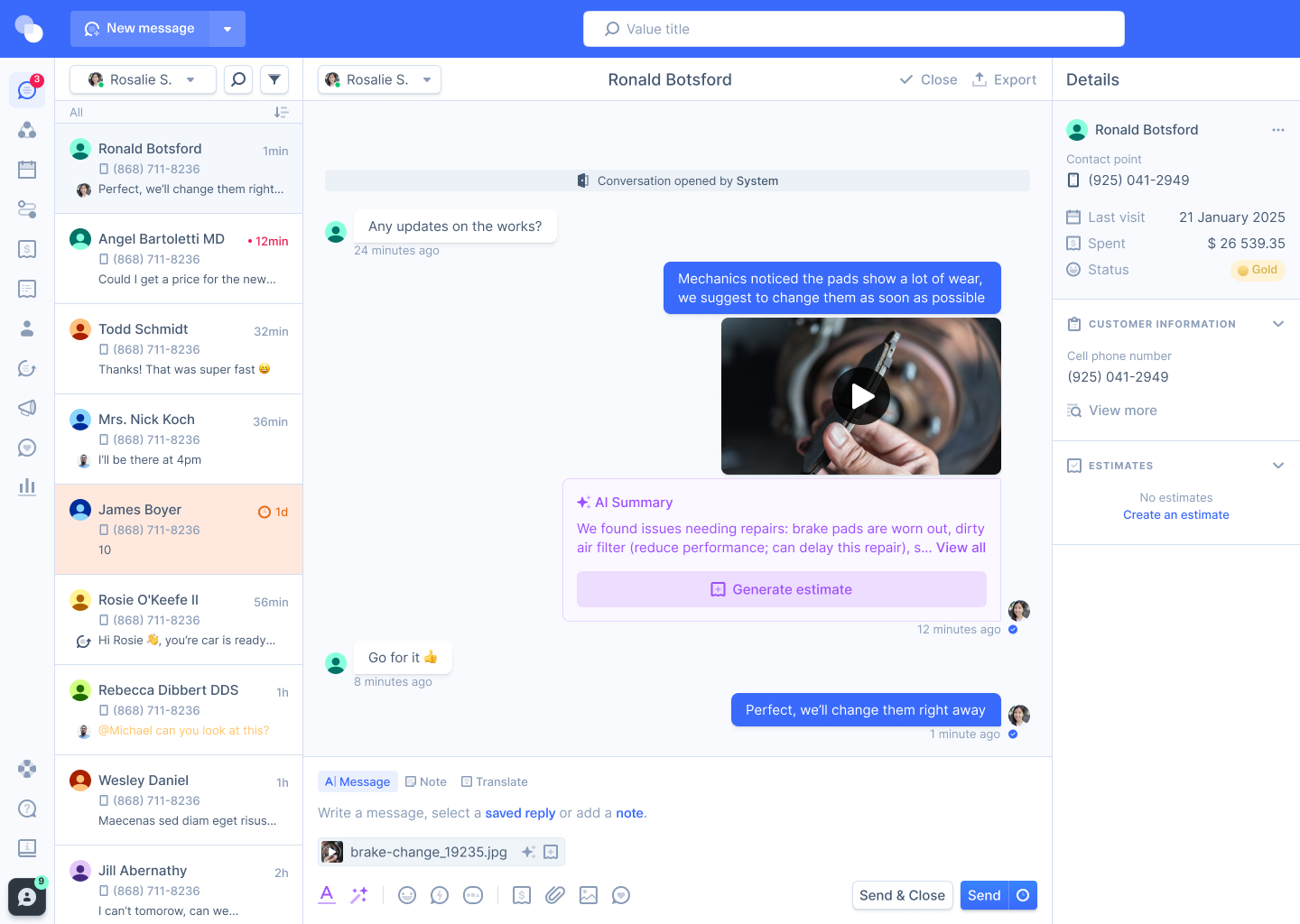Kimoby chat interface showing a conversation about car brake repairs with a video MPI. The user is informed about worn brake pads with a video preview and options for an AI-generated estimate.