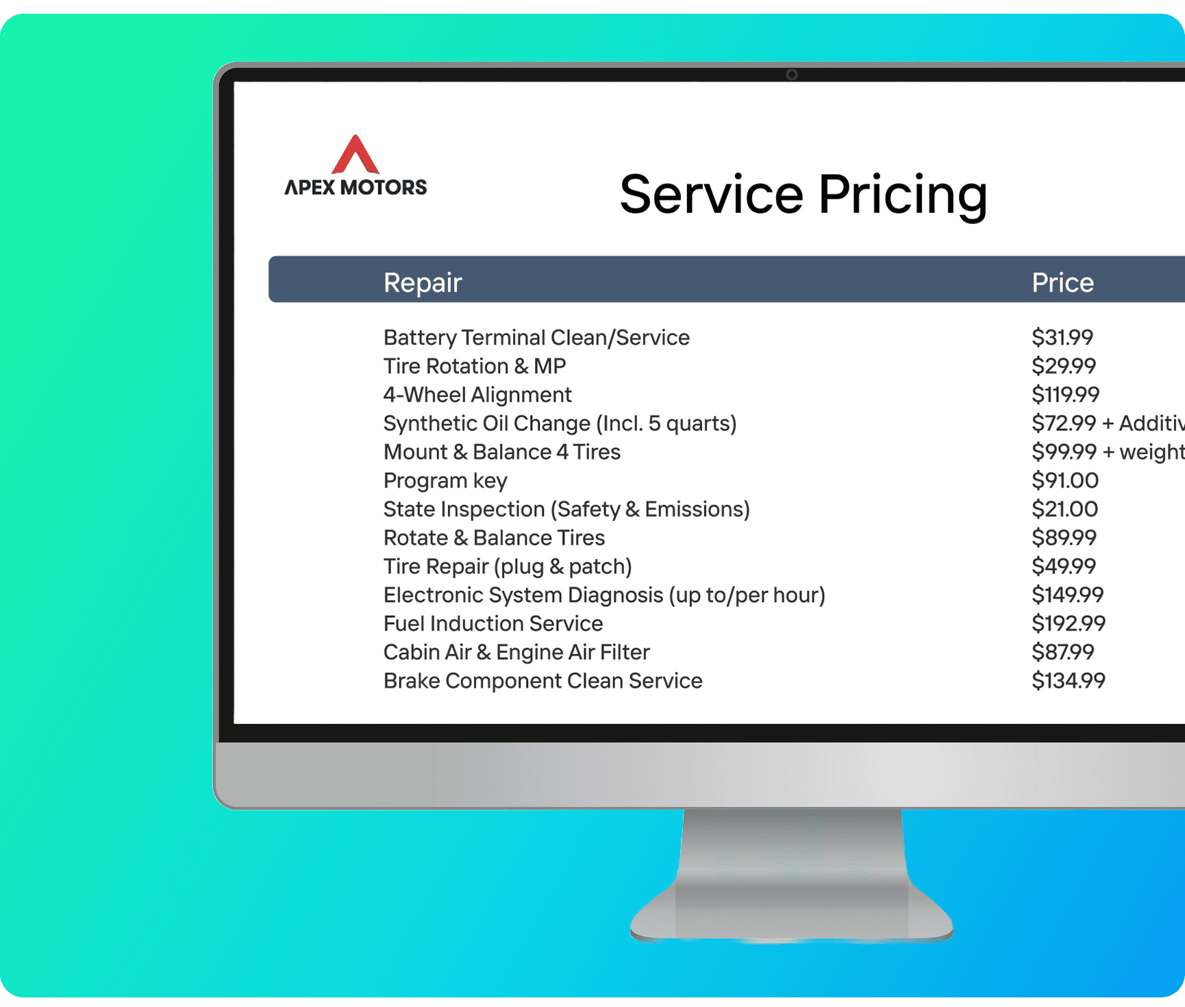 Adding your dealership service pricing on your website