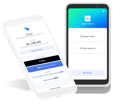 Mockup showing Kimoby Pay solution on mobile and payment terminal