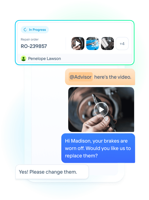 A service advisor sending a service recommendation with video via text and get instant approval