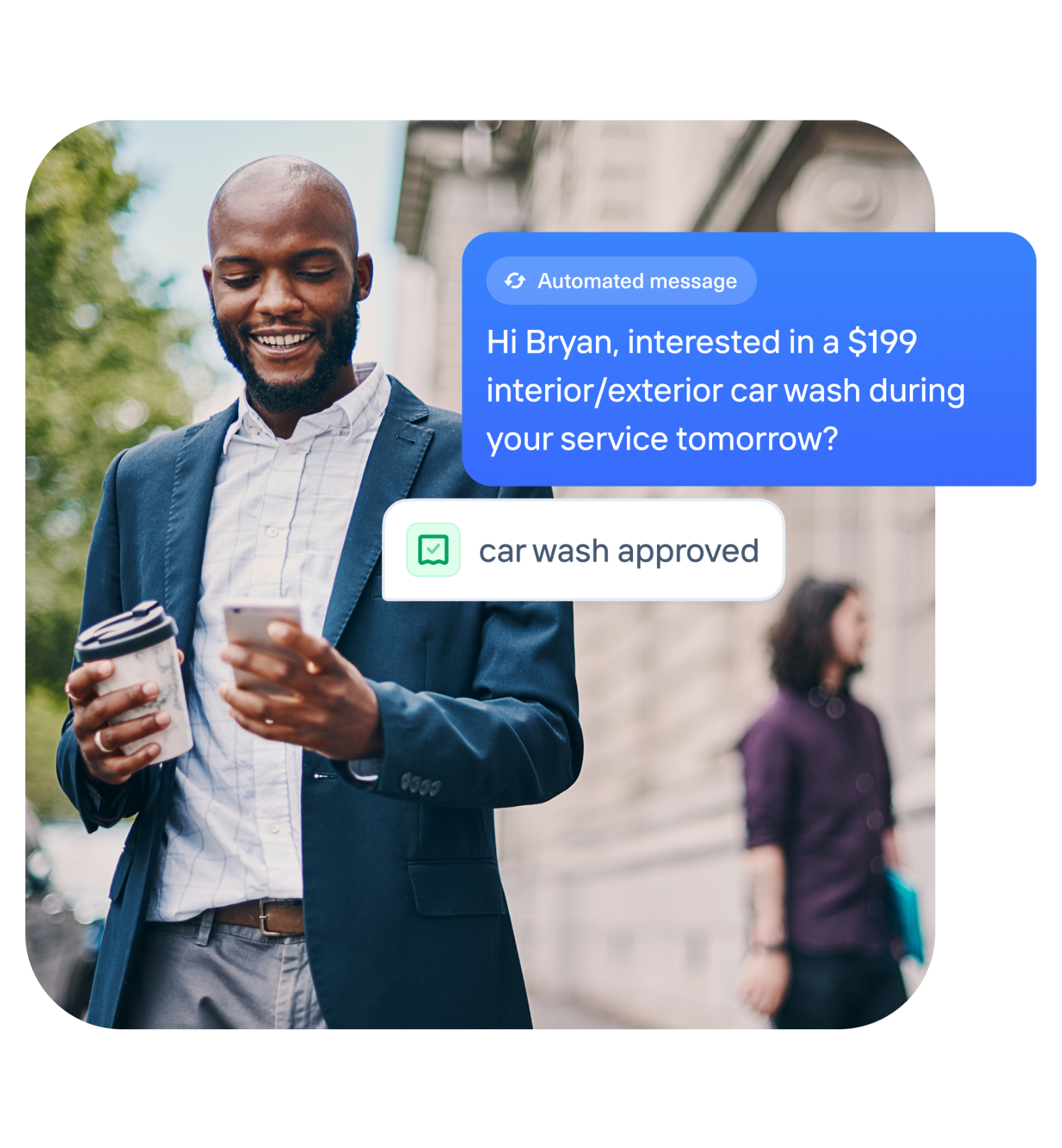 Someone receiving a text to add a car wash